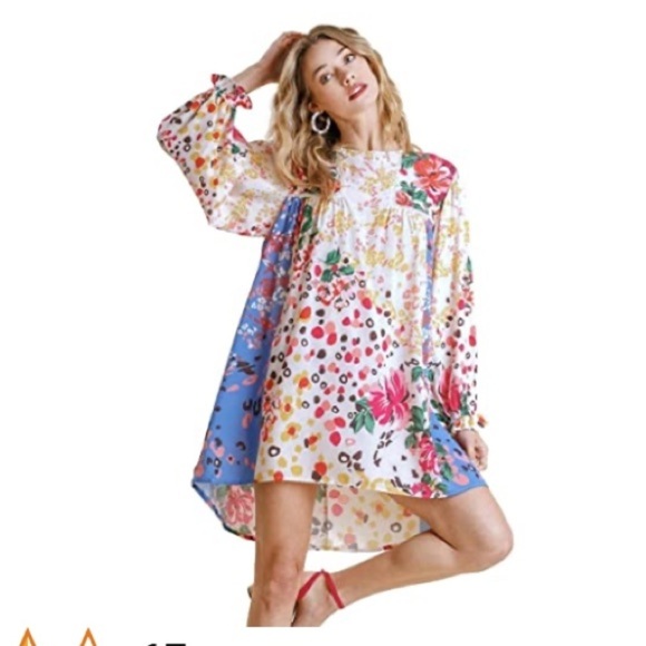 Umgee Women's Mixed Print Ruffle Dress Fun Teacher Medium School - Picture 1 of 5